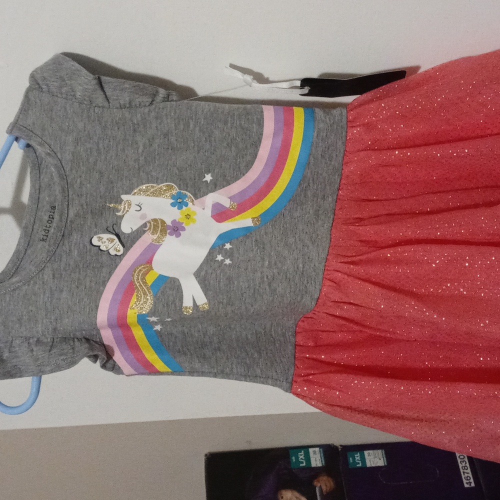 💚Kidtopia Girl Gray Top /Pink Lined Tutu Cap Sleeve Graphic Design Sundress 3T